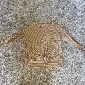 Tan and white striped button up dolman sleeve top